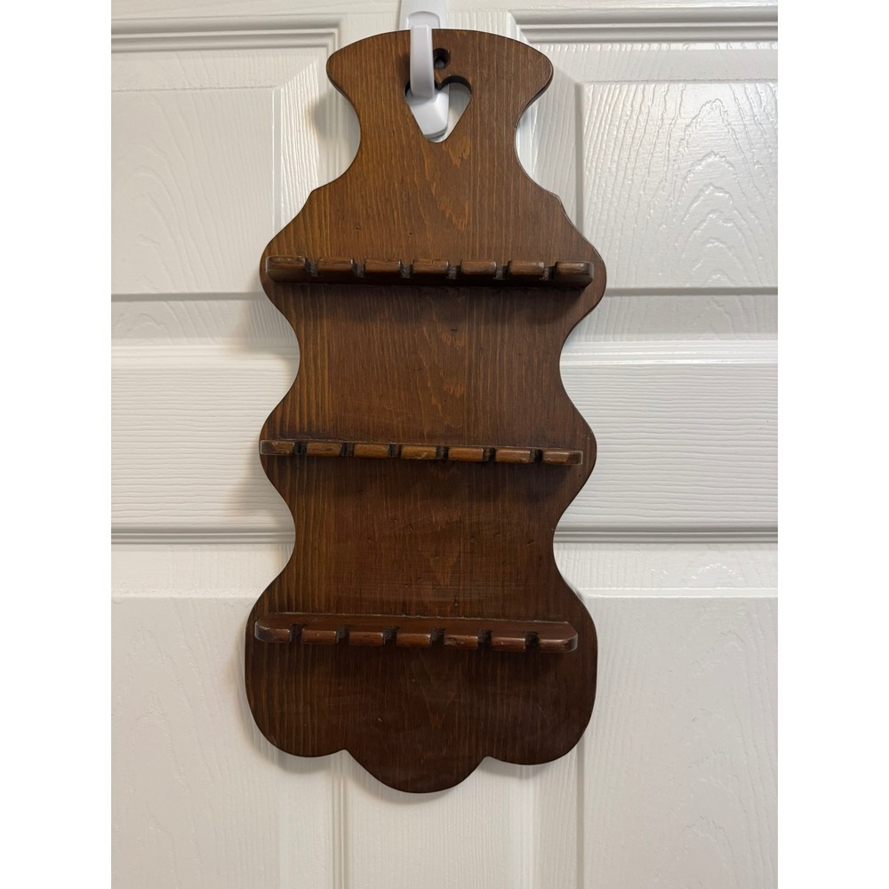 Vintage Wooden Spoon Rack Wall Display 18 Slot Scalloped Heart Cutout Brown Wood
